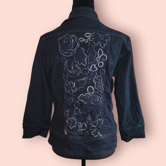 Chico's Platinum Dark Wash Denim Jacket embroidered beaded boho country western - Picture 2 of 9